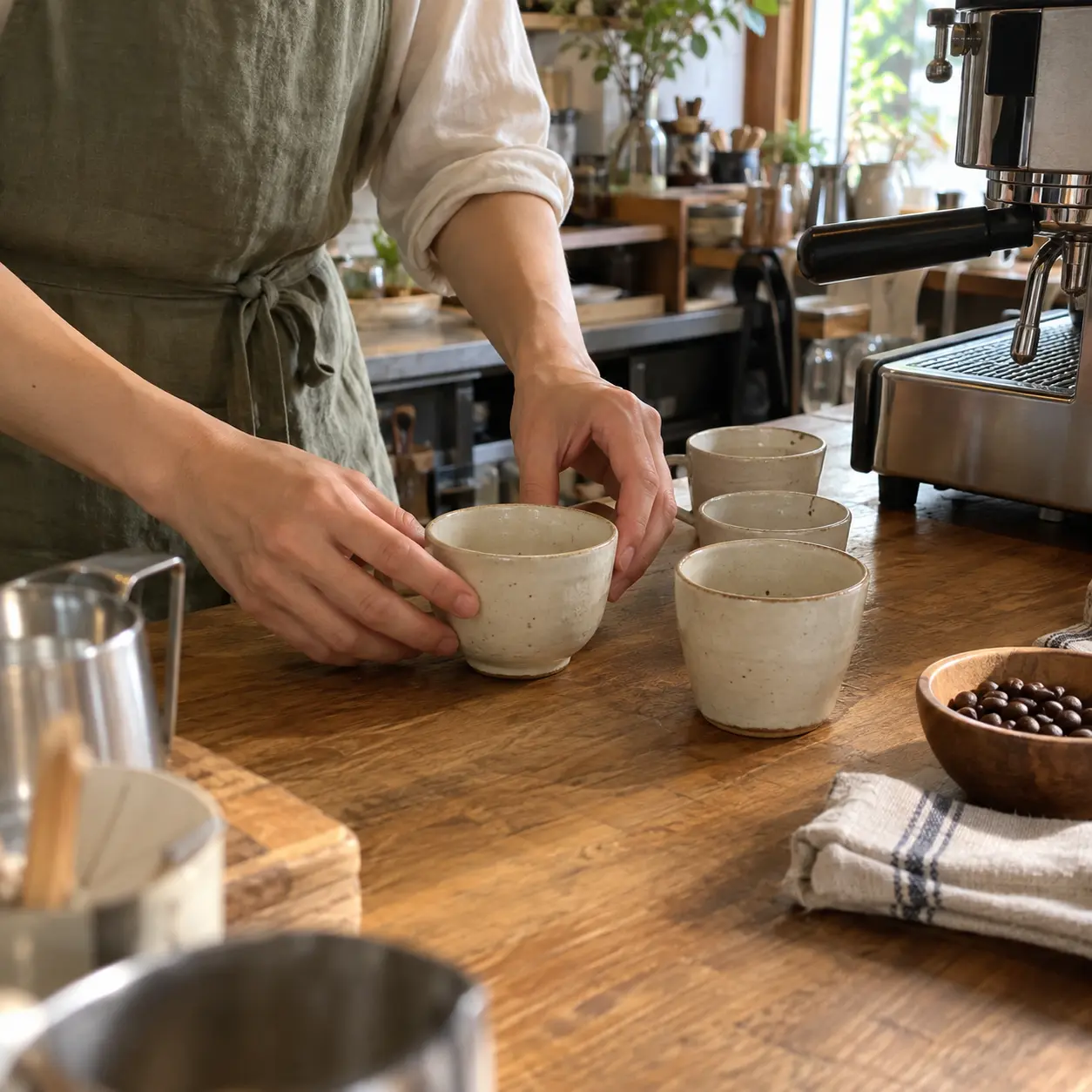 開店前にカウンターで陶器のカップを並べる店主の手元