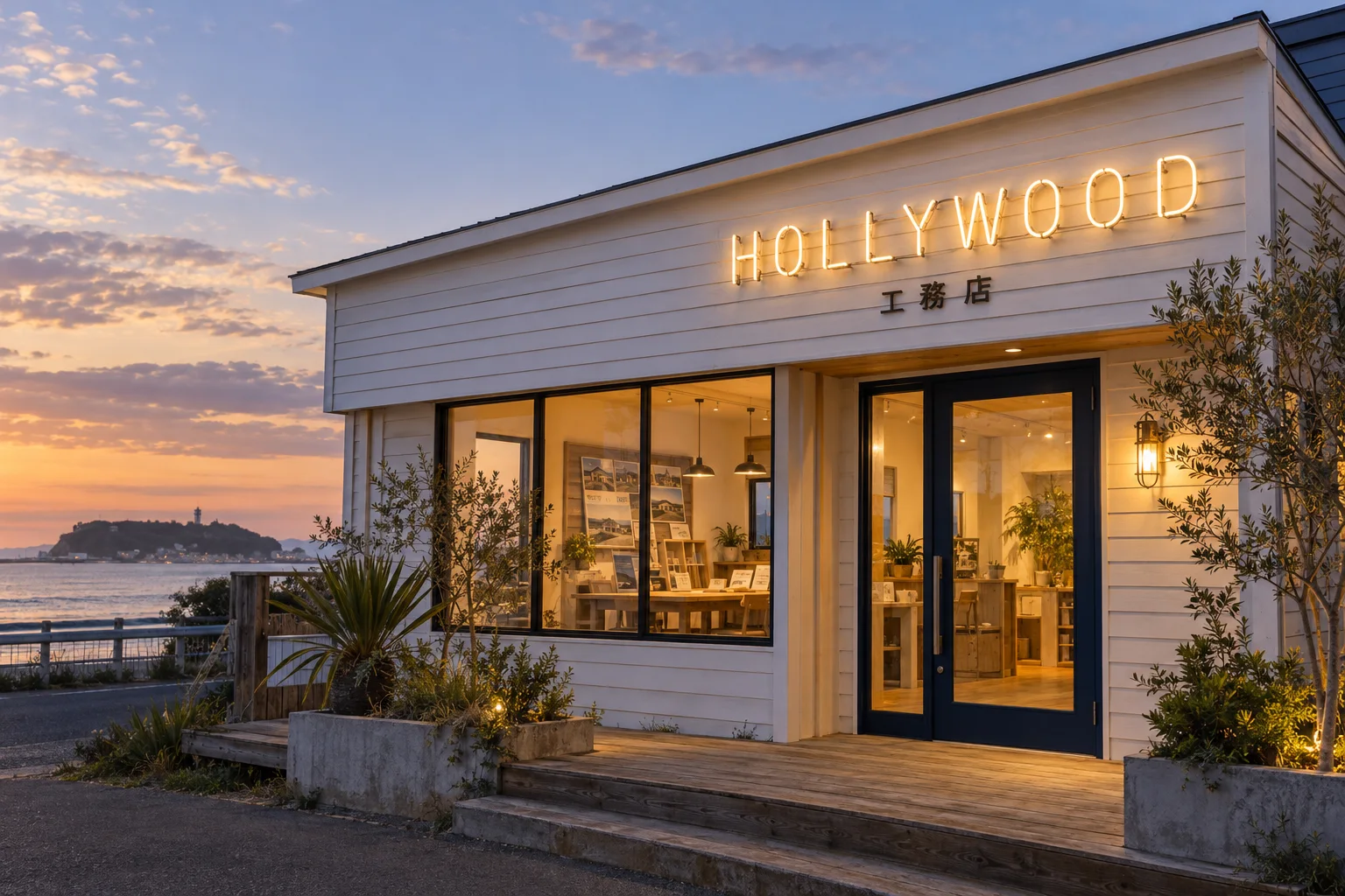 HOLLYWOODのネオン管風看板が灯る、白と木の会社外観の生成イメージ