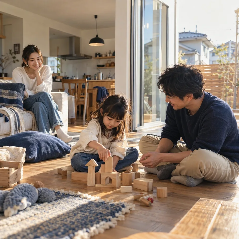 木の床で積み木を楽しむ子どもと両親の生成イメージ