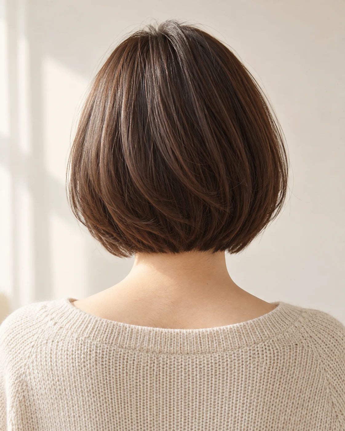 後ろから見た、丸みのある艶やかなブラウンのボブヘア