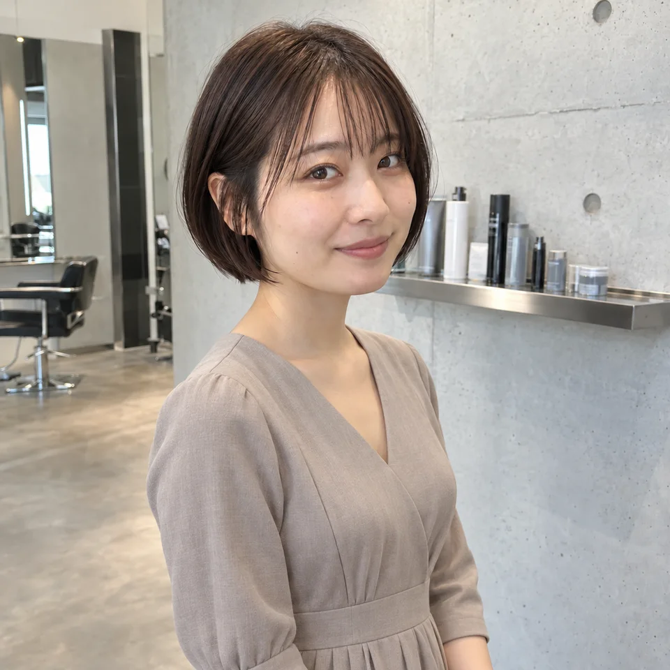 グレージュのワンピースを着たボブヘアのお客様のスナップを表現した生成画像